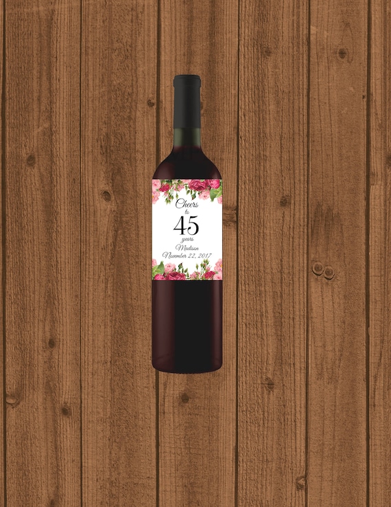 45th Birthday Wine Label, Cheers to 45 Years Wine Label, Personalized Wine Label, Black White Striped 45th Wine Label, Floral 45th Wine Il_570xn