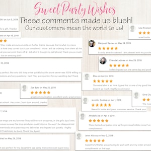 K&ouml;nnte beinhalten: Eine Collage von Kundenbewertungen f&uuml;r ein Partyzubeh&ouml;r-Unternehmen. Die Bewertungen sind positiv und heben die Qualit&auml;t der Produkte, die Schnelligkeit des Versands und den exzellenten Kundenservice hervor. Die Bewertungen werden auf einem hellrosa Hintergrund mit wei&szlig;em Rand angezeigt.