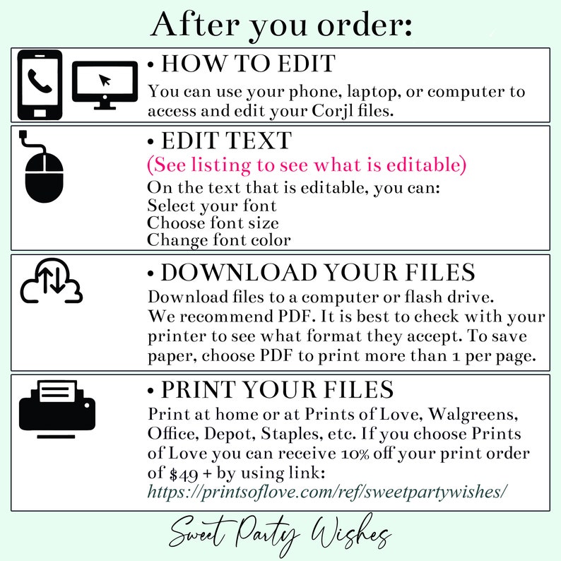 May include: A graphic with instructions on how to edit, download, and print files. The text includes steps for editing text, selecting fonts, and choosing font sizes. The bottom of the graphic says "Sweet Party Wishes".