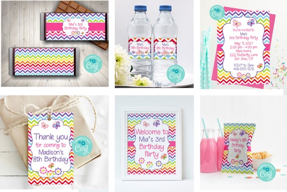 Editable Birthday Party Bundle, Rainbow Butterfly, Invitation, Water Bottle, Candy Bar Wrapper, Favor Tag, Welcome, Party Set, Corjl, RBBP Il_570xn