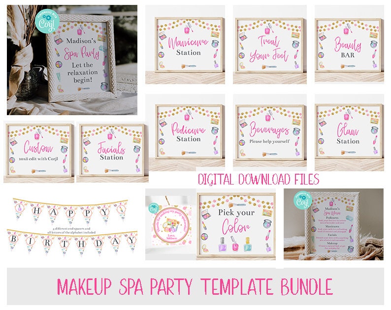 Makeup Spa Party Bundle Templates, Printable Spa Party Signs, Spa Party Decorations, Spa Menu, Makeup Party, Pedicure, Manicure, Corjl, MASP image 1