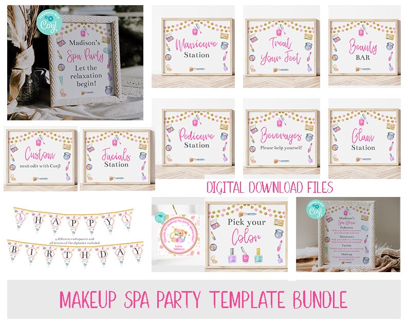 May include: A printable set of digital files for a makeup spa party. The set includes signs for different spa stations, a banner, a circle favor tag, and a sign for picking nail polish colors. The signs feature a watercolor design with makeup products and gold glitter.