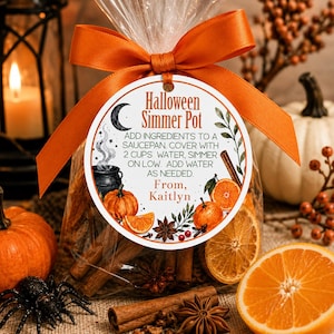 May include: A clear plastic bag filled with dried orange slices, cinnamon sticks, and star anise, tied with an orange ribbon. A round tag features the text Halloween Simmer Pot, instructions, and illustrations of a cauldron, pumpkin, and fruit.