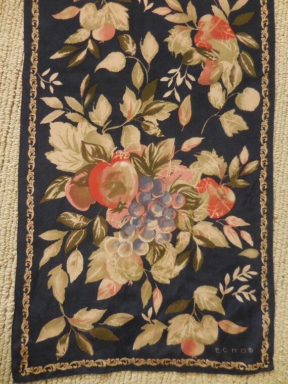 Vintage ECHO Silk Long Scarf Fruit and Flowers Blu