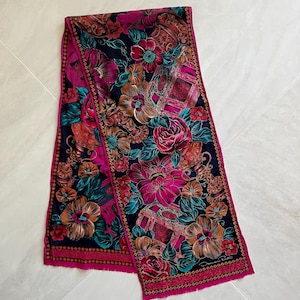Vintage Long Floral Scarf by Oscar De La Renta with Gold Detailing
