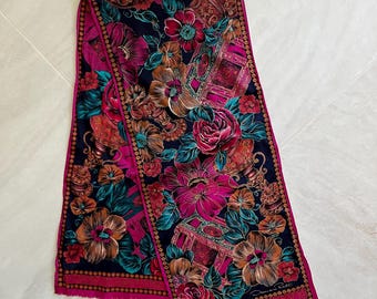 Vintage Long Floral Scarf by Oscar De La Renta with Gold Detailing