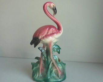 Tropical Vintage Standing Flamingo Planter Pink Green and Black