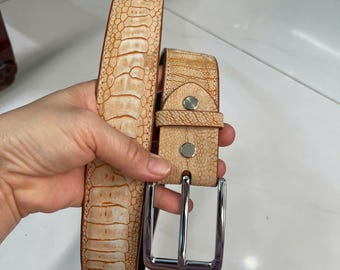 Beige  Ostrich Leather Belt: Men's/Women's Wide Belt, Silver Buckle