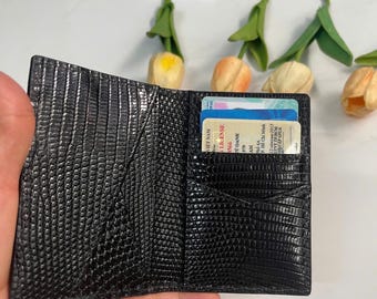 Black Lizard Leather Credit Card Holder - Handmade Minimalist Wallet