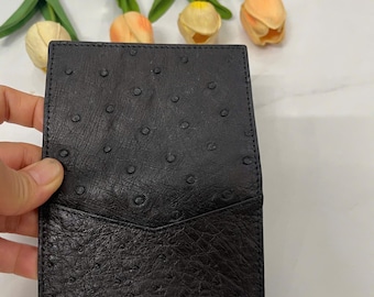 Black Ostrich Leather Bifold Card Holder Wallet: Minimalist Slim Design