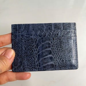 Tarjetero de piel de avestruz auténtica azul/tarjetero de visita/tarjetero minimalista de piel con RIFD/regalo para él y ella