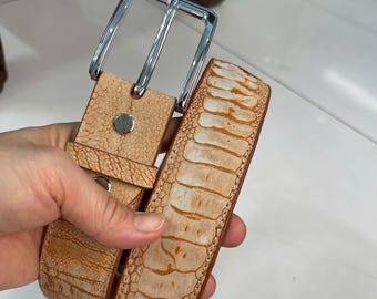 Beige  Ostrich Leather Belt: Men's/Women's Wide Belt, Silver Buckle