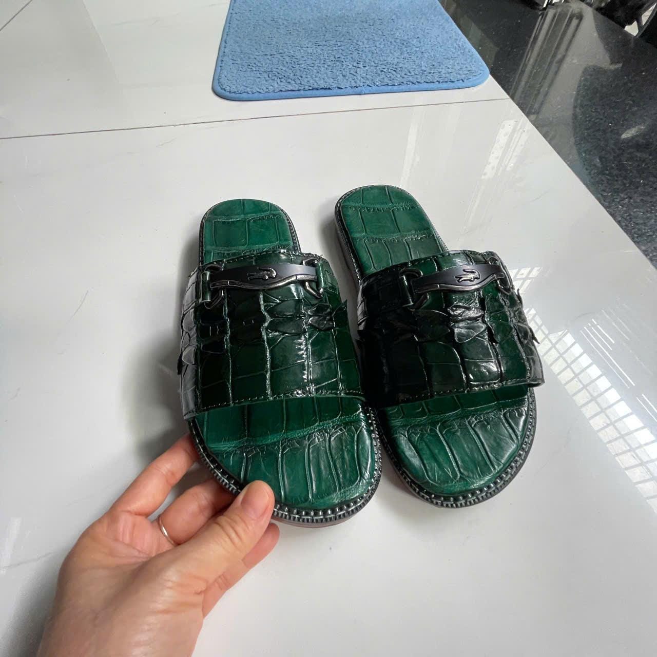 Luxury Men's Sandals Genuine Leather Skin-100% Handmade,Green