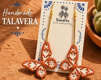 Talavera Butterfly Earrings – Handmade Polymer Clay | Mexican Butterfly Dangle Earrings | Lightweight Boho Floral Jewelry | Terracotta