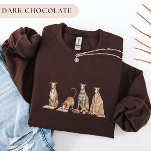 May include: Dark chocolate-colored sweatshirt featuring a graphic of four greyhounds, each with unique attire and poses. One is reading a book, another is wearing a sweater, and another is draped in a blanket. The text "DARK CHOCOLATE" is at the top.