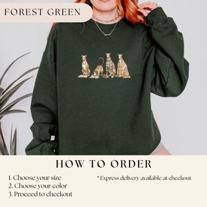 May include: Forest green sweatshirt with an embroidered design of four dogs. The text "FOREST GREEN" is at the top. The bottom of the image has the text "HOW TO ORDER" and instructions on how to order.
