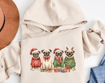 Pug Christmas Hoodie, Funny Pug Dog Holiday Sweatshirt, Cute Pug Lover Gift, Ugly Sweater Pug Hoodie, Dog Mom Christmas Gift, Watercolor Pug