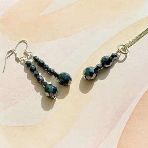 Sterling Silver, Black Patterned Beaded Necklace and Earrings Set