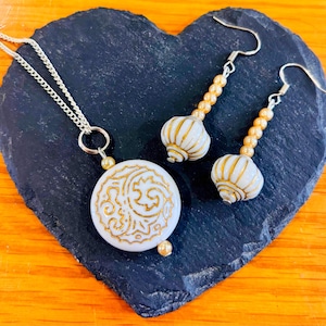 Sterling Silver, White & Gold Patterned Beaded Necklace and Earrings Set