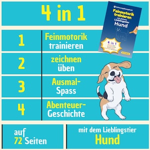 Può includere: Una copertina di libro illustrata in blu e giallo con un cane sulla copertina. Il libro è intitolato "Feinmotorik trainieren mit deinem Lieblingstier Hund" e dice "4 in 1" sulla copertina. Il libro ha 72 pagine e include attività per disegnare, colorare e raccontare storie.