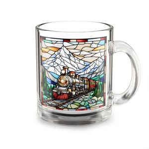 Retro Locomotive Train Traveling Through Mountains Stained Glass Image on Clear Glass Mug | 10oz | Perfect Gift for train buff