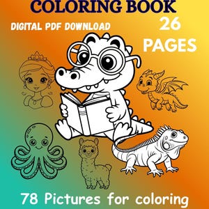 Może przedstawiać: Okładka cyfrowej kolorowanki PDF zatytułowanej "A-Z Alphabet Coloring Book". Na okładce znajduje się kreskówkowy aligator w okularach czytający książkę, a także inne kreskówkowe zwierzęta. Na okładce widnieje również napis "78 obrazków do kolorowania."