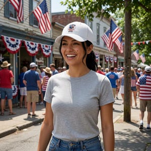 May include: A woman wearing a white baseball cap with a patriotic design and a gray t-shirt smiles outdoors. The background includes American flags, bunting, and a crowd of people, suggesting a festive event or celebration.