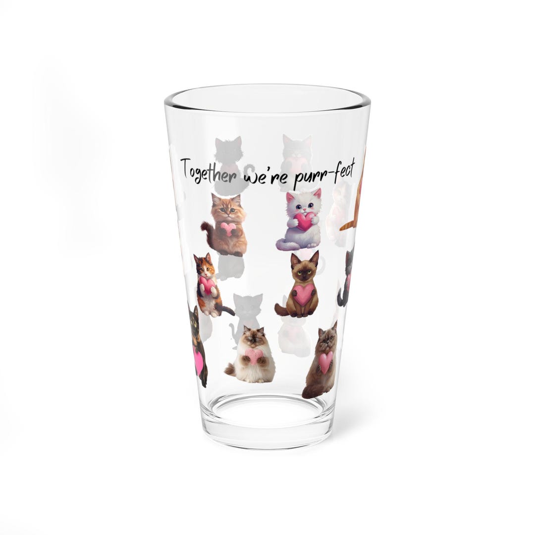 Drinking Glass Decorated With Cats and Kittens Holding Pink Hearts ...