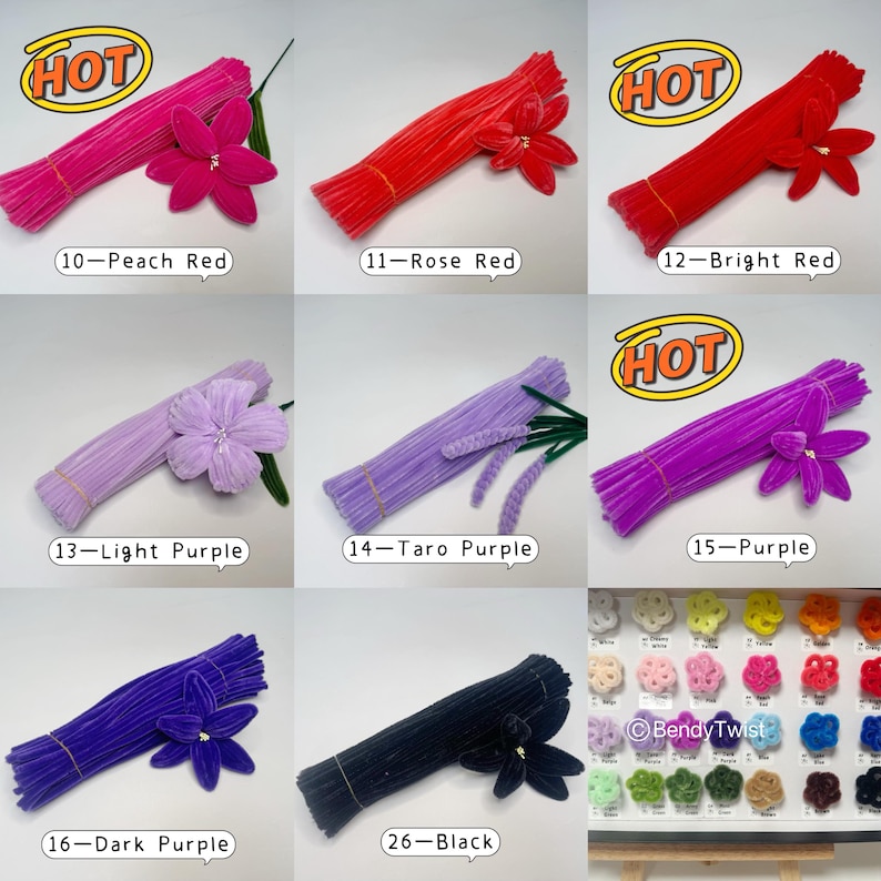 May include: A collection of colorful craft supplies, including bundles of chenille stems in various shades like peach red, rose red, bright red, light purple, taro purple, dark purple, and black. Each bundle is adorned with a matching flower.