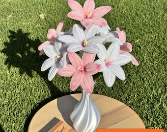 Handmade Pipe Cleaner Lily Bouquet with 3D Printed Vase, Chenille Flower Arrangement, Everlasting Lily Flowers, Colorful Gift for Her