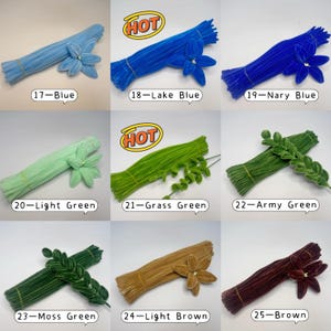 May include: A collection of bundles of craft stems in various colors, including blue, green, and brown. Each bundle is tied with a rubber band and adorned with a matching velvet flower. The image includes text labels for each color.
