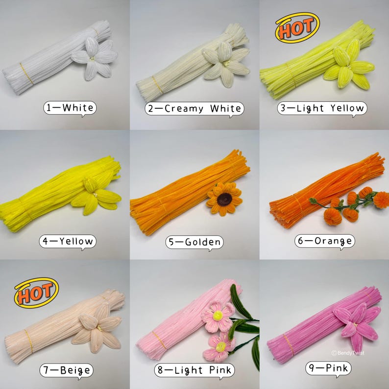 May include: A collection of nine bundles of craft supplies in various colors, including white, creamy white, light yellow, yellow, golden, orange, beige, light pink, and pink. Each bundle is accompanied by a decorative flower.