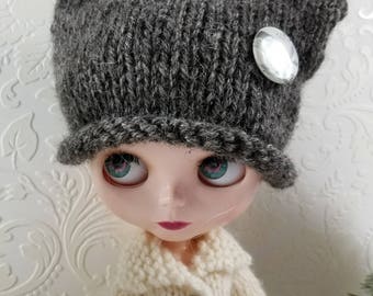 Alpaca & Wool Hand Knit Hat for Blythe Doll, With Removable Pinback Button, Grey Tweed