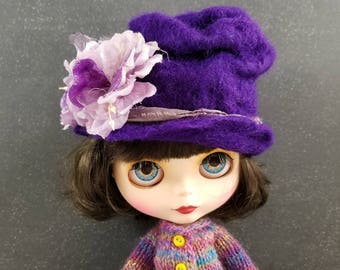 Bright Purple Felted Wool Hat for Blythe Dolls- Bright Purple,Distressed Purple Silk Ribbon Handfelted, Wool Hat