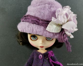 Light Lilac Pink Felted Wool Hat for Blythe Dolls- Light Pink,Berry Pink Silk Ribbon Handfelted, Wool Hat