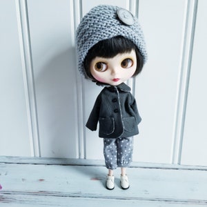 ハンドメイドブライスドールコート：グレーの水玉模様のコットンキャンバスファッション