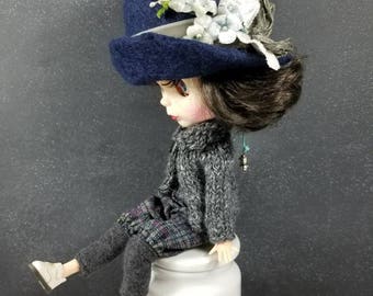 Navy Blue Felted Wool Hat for Blythe Dolls- Velvet Flowers, millinery Leaves, velvet ribbon