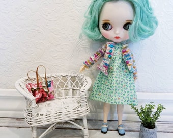 Green Sundress for Blythe, Bows and Cherries, Handmade doll clothes, handknit sweater