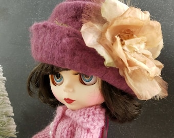 Rich Berry Pink Felted Wool Hat for Blythe Dolls- Berry Pink, Olive Green Silk Ribbon Handfelted, Wool Hat