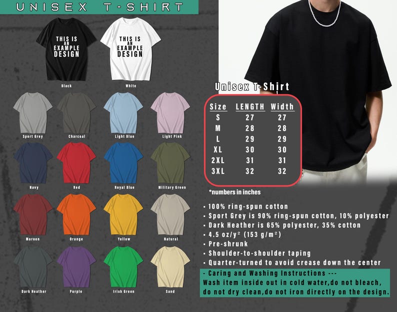 May include: Unisex t-shirt mockup with different color options. The t-shirt is 100% ring-spun cotton and comes in sizes S-3XL. The size chart shows the length and width of the t-shirt in inches.