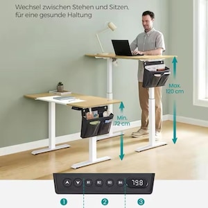 May include: A white standing desk with a wooden top and a black control panel with buttons labelled M1, M2, M3, and M4. The desk has a height adjustment range of 72 to 120 cm. The desk is shown with a person standing at it, using a laptop.