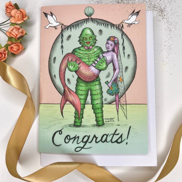 Congrats! Mermaid and Creature - blank greeting card 4.5 " x 6.5 " by Marybel Martin