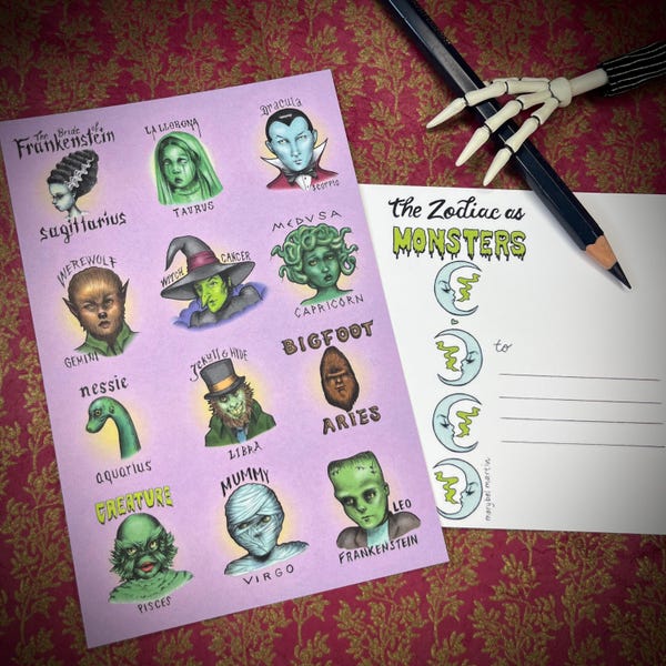 The Zodiac as Monsters - postcard - 4 x 6" by Marybel Martin