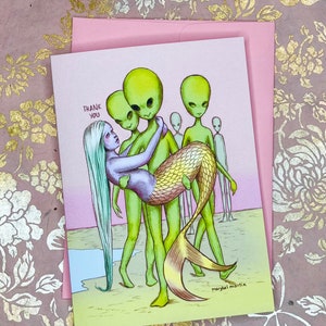 Thank You, Aliens and Mermaid - blank greeting card 4.5 " x 6.5 " by Marybel Martin