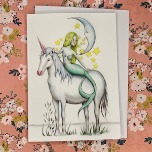 Sirène, licorne, lune et étoiles - carte de voeux vierge 4,5 x 6,5 pouces par Marybel Martin