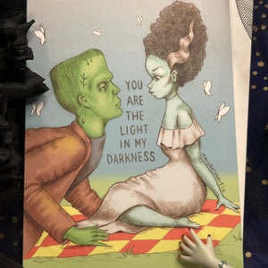 You Are The Light - Frankenstein and Bride - blank greeting card 4.5 " x 6.5 " by Marybel Martin