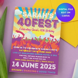 Invitación editable para fiesta de cumpleaños número 40 de 40FEST ® / Plantilla de invitación de Canva para fiesta de cumpleaños de festival / Forty Fest / Invitaciones para fiestas personalizables