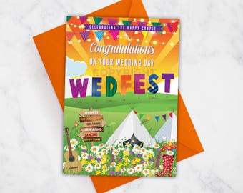 May include: A colorful card with the text "Congratulations on your wedding day WEDFEST" in a rainbow font. The card features a cartoon illustration of a camping scene with tents, flowers, and a guitar. The text "WEDFEST" is written on a sign with the words "wedding day, food/drinks, celebrating, dancing, good times".