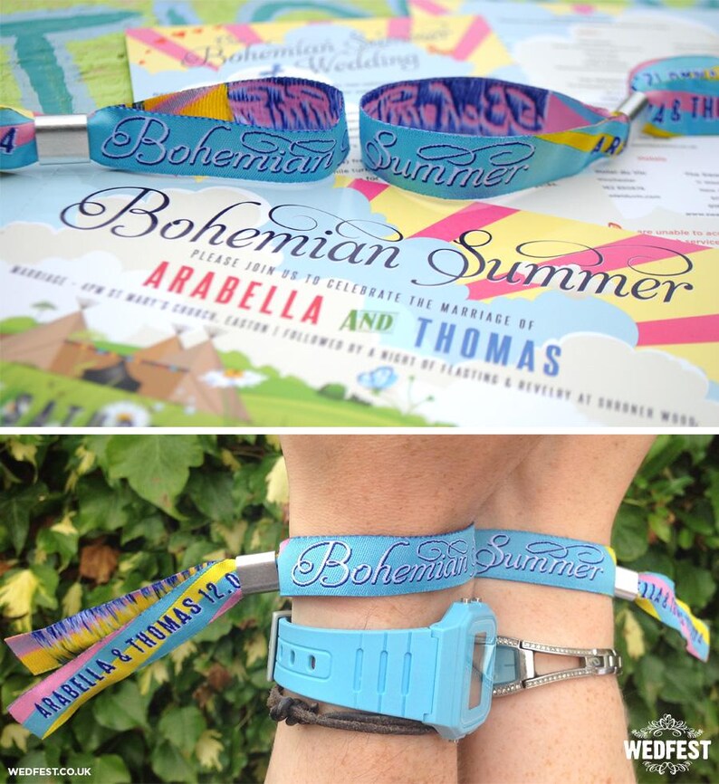 May include: Two colorful wristbands with the text "Bohemian Summer" printed on them. The wristbands are tied together with a yellow ribbon. The wristbands are on a person's wrist.