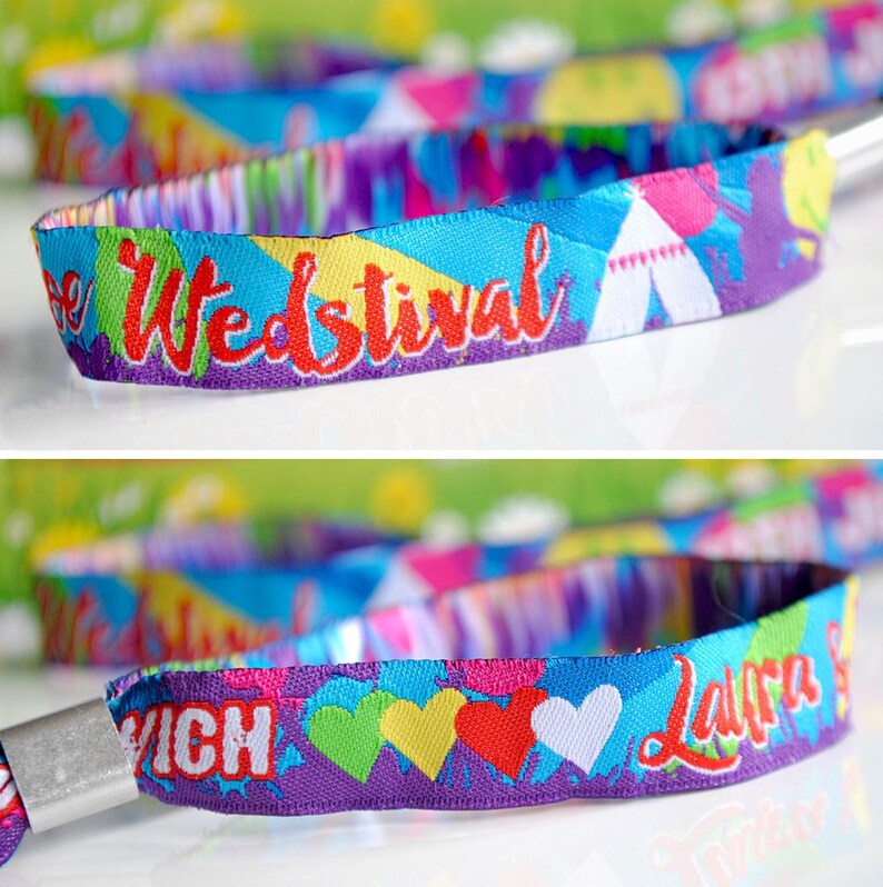 May include: Colorful woven wristband with the text "Wedestival" in red and a white tent graphic. A second wristband has the text "Wich Laura" and four colorful hearts.